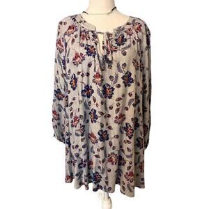 Como Vintage Floral Print Boho Tunic Dress with Tie Neck